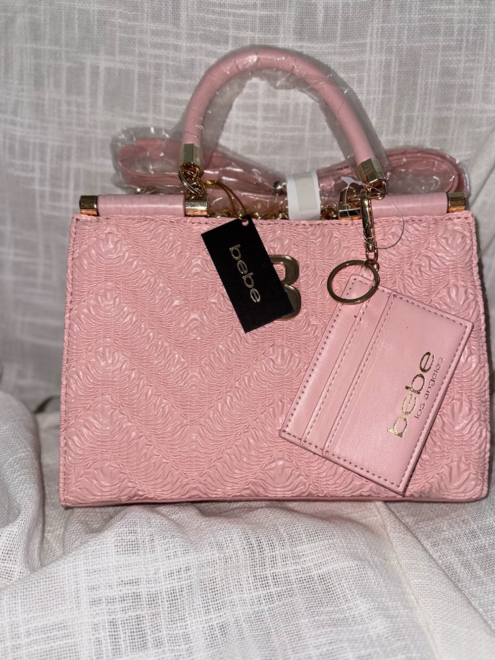 bebe Light Pink Textured Top-Handle Satchel with Cardholder Charm